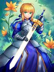  ahoge armor artoria_pendragon_(all) bad_id bad_pixiv_id blonde_hair dress excalibur fate/stay_night fate_(series) flower gauntlets glowing glowing_sword glowing_weapon green_eyes highres jitome saber sanme solo weapon 