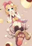  blonde_hair blue_eyes blush boots bow dress food hair_bow hair_ornament hairclip hands_on_own_cheeks hands_on_own_face heart heart-shaped_pupils highres kagamine_rin kneehighs paw_shoes polka_dot polka_dot_legwear pom_pom_(clothes) pudding shiki_hinako shoes short_hair solo symbol-shaped_pupils vocaloid 
