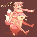  animal_ears audino blue_eyes breast_rest breasts character_name cleavage gen_5_pokemon kuromiya large_breasts moemon open_mouth personification pink_hair pointing pokemon pokemon_(creature) smile tail 
