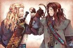  2boys armor beard blonde_hair bracer bracers brothers duo dwarf facial_hair fili kili_(the_hobbit) male male_focus middle_earth multiple_boys sheath siblings sichol-bell smile sword the_hobbit waya weapon 