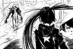  1girl alex_mercer artist_request black_rock_shooter black_rock_shooter_(character) claws crossover greyscale hood hoodie jacket long_hair long_sleeves monochrome open_clothes open_jacket prototype_(game) twintails 