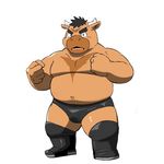  bovine cattle chubby horn looking_at_viewer male mammal musclegut muscles shiba-kenta solo speedo swimsuit topless wrestler 