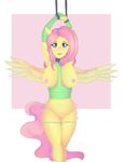  big_breasts blue_eyes blush bondage bound breasts celestina exposed_breasts female fluttershy_(mlp) friendship_is_magic fur hair hair_down harness light_bondage my_little_pony my_little_pony_friendship_is_magic nude panties panties_down pink_hair pussy raised_arm solo underwear wings yellow_fur 