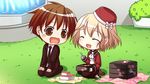  1boy 1girl arima_yousuke brown_eyes brown_hair chibi chopsticks eyes_closed food game_cg ko~cha necktie saimon_eclair tie witch&#039;s_garden witch's_garden 