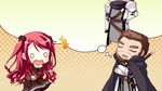  1boy 1girl cape chibi eyes_closed game_cg hinomiya_ayari ko~cha kurauchi_joji long_hair o_o red_hair sword weapon witch&#039;s_garden witch's_garden 