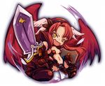  armor center_opening chibi gloves head_wings long_hair lowres minerva_(p&amp;d) nishimura_nike puzzle_&amp;_dragons red_hair shield shoulder_pads sword weapon wings yellow_eyes 