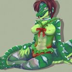  anthro black_tongue bow breasts female forked_tongue green_body green_nipples green_scales green_skin grey_eyes hair hindy-poo long_tongue looking_at_viewer nipples panties red_hair reptile scalie short_hair sitting smile snake solo thighs tongue tongue_out underwear white_skin 