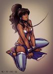  alternate_costume avatar_(series) barefoot bdsm blue_eyes blush bondage borrowed_design bound bound_wrists breasts brown_hair cleavage collar commentary cuffs dark_skin english_commentary hair_tubes iahfy korra leash loincloth long_hair medium_breasts ponytail shackles sitting slave solo the_legend_of_korra thighhighs toeless_legwear wariza 