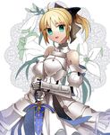  ahoge armor armored_dress artoria_pendragon_(all) bare_shoulders blonde_hair bow caliburn detached_sleeves dress fate/stay_night fate/unlimited_codes fate_(series) gauntlets green_eyes hair_bow orbe ponytail saber saber_lily solo sword weapon 