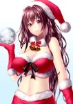  bell bell_collar blush breasts brown_hair christmas collar elbow_gloves gloves halftone halftone_background hat holding jingle_bell kai_(link2262) large_breasts long_hair looking_at_viewer navel original purple_eyes red_gloves ribbon santa_costume santa_hat smile snowflakes solo 