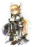  armor bad_id bad_pixiv_id blonde_hair blue_eyes elf full_armor gauntlets hairband head_wings highres knight kurojishi long_hair original plate_armor pointy_ears shield solo sword weapon winged_hairband 