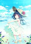  black_hair child cloud dress flower hat looking_back original petals platform_footwear red_eyes rose rugo sandals skirt_hold sky smile solo straw_hat water 