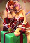  2girls 3d absurdres ayane ayane_(doa) bare_shoulders bell breasts brown_hair christmas cleavage dead_or_alive female hat highres kasumi kasumi_(doa) large_breasts long_hair multiple_girls purple_hair rgbabes short_hair siblings sisters sword tecmo weapon 