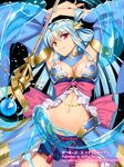  armpits arms_up blue_hair breasts choker cleavage earrings hen-shin-shou-jo_metamol_maiden jewelry large_breasts long_hair midriff navel original parted_lips pink_eyes skirt solo staff yangsion 