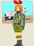  aircraft airplane annaka_haruna bomber_jacket boots bow f-86_sabre hair_bow highres hyakute_gyojin jacket knee_pads nichijou oversized_clothes parachute pilot shorts solo 