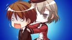  1boy 1girl arima_yousuke brown_eyes brown_hair chibi formal game_cg ko~cha necktie o_o saimon_eclair suit tie witch&#039;s_garden witch's_garden 