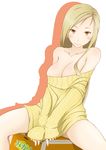  bare_shoulders blonde_hair blush box breasts cleavage collarbone inamochi_keiichirou large_breasts long_hair naked_sweater off_shoulder original sitting sleeves_past_wrists solo spread_legs sweater yellow_eyes 