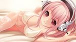  bad_id bad_pixiv_id blush breasts headphones highres kaka_cheung large_breasts long_hair lying navel nitroplus on_side pink_hair red_eyes smile solo super_sonico thighhighs underwear 