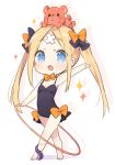  1girl abigail_williams_(fate/grand_order) bandage bangs blonde_hair blue_eyes blush bow breasts chibi commentary eyebrows_visible_through_hair fate/grand_order fate_(series) hair_bow holding hoop leotard long_hair looking_at_viewer object_on_head open_mouth orange_bow purple_bow simple_background sino_(sionori) smile solo sparkle standing stuffed_animal stuffed_toy teddy_bear tentacle very_long_hair white_background 