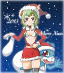  1girl bra christmas digimon digimon_world_re:digitize_decode green_hair hat red_eyes sack santa_costume santa_hat santa_outfit shinomiya_rina short_hair skirt snow stockings thighhighs thighs underwear veemon year zettai_ryouiki 