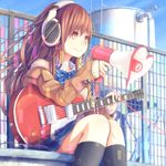  bow brown_hair dararito electric_guitar guitar headphones highres instrument kneehighs long_hair orange_eyes original sennheiser sitting solo thighs 