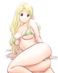  arm_support ass bikini blonde_hair breasts brown_eyes front-tie_top green_bikini large_breasts log_horizon long_hair looking_at_viewer lying marielle_(log_horizon) on_side simple_background smile solo swimsuit ueyama_michirou white_background 