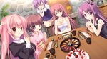  blue_eyes brown_hair cake cleavage food fuyutsuki_kona fuyutsuki_shigure game_cg group izayoi_no_fortuna japanese_clothes kujou_otome lapis_lazuli_(company) long_hair miyasaka_miyu pink_hair purple_eyes purple_hair seifuku shiomiya_lucia short_hair yellow_eyes yukata 