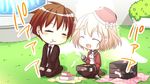  1boy 1girl arima_yousuke brown_hair chibi chopsticks eyes_closed food game_cg ko~cha necktie saimon_eclair tie witch&#039;s_garden witch's_garden 