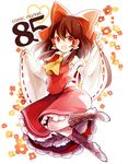  :d ascot azuma_aya boots bow brown_hair comiket_85 cross-laced_footwear detached_sleeves flower hair_bow hair_tubes hakurei_reimu long_hair open_mouth red_eyes ribbon-trimmed_sleeves ribbon_trim skirt skirt_set smile solo touhou 