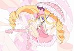  bad_id bad_pixiv_id big_hair blonde_hair blue_eyes boots bow dress drill_hair earrings eyepatch hair_bow harime_nui jewelry kill_la_kill long_hair pink_bow pink_dress pink_footwear sirosame smile solo strapless strapless_dress twin_drills twintails umbrella wrist_cuffs 