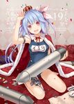  6u_(eternal_land) :d arm_up blue_hair blush breasts cape confetti crown fang hair_ornament hair_ribbon i-19_(kantai_collection) kantai_collection long_hair medium_breasts one-piece_swimsuit open_mouth red_eyes ribbon school_swimsuit smile solo swimsuit torpedo twintails two_side_up 
