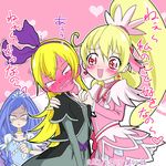  3girls aida_mana anger_vein angry blonde_hair blue_hair blush bow choker cropped_jacket cure_diamond cure_heart dated dokidoki!_precure dress earrings finger_to_face full-face_blush hair_bow heart hishikawa_rikka jealous jewelry long_hair magical_girl multiple_girls pink_eyes pink_sleeves ponytail precure regina_(dokidoki!_precure) smile tears translated yoshimune 