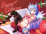  animal_ears bell blue_hair bow catgirl chibi christmas cirno langbazi long_hair navel no_bra panties ribbons signed striped_panties thighhighs topless touhou underwear wings 