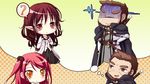  1boy 2girls brown_eyes cape chibi game_cg hinomiya_ayari ko~cha kurauchi_joji long_hair multiple_girls red_eyes red_hair sword weapon witch&#039;s_garden witch's_garden yellow_eyes 