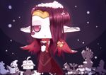  bandaid beancurd blush_stickers breasts chibi circlet cleavage hair_over_one_eye league_of_legends long_hair morgana pointy_ears purple_hair small_breasts snow snowman solo teemo wings 