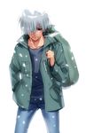  air backpack bag collarbone denim hair_over_one_eye jacket jeans kunisaki_yukito looking_at_viewer male_focus open_mouth pants silver_hair snot snow standing toned toned_male winter zen 