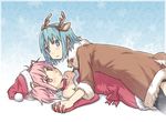  animal_costume antlers bare_shoulders bell bell_collar blue_eyes blue_hair choker collar collarbone elbow_gloves girl_on_top gloves gmork hair_ornament hair_ribbon hairclip hat holding_hands interlocked_fingers jewelry kaname_madoka looking_at_viewer lying mahou_shoujo_madoka_magica miki_sayaka multiple_girls musical_note pantyhose pink_eyes pink_hair reindeer_antlers reindeer_costume ribbon ring santa_costume santa_hat short_hair short_twintails twintails yuri 