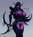  black_hair blackchain breasts ear_piercing elf female glaive hair night_elf nipples piercing pointy_ears pubes purple_skin pussy solo standing unconvincing_armor video_games warcraft weapon world_of_warcraft 