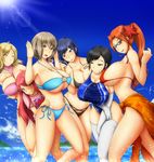  6+girls arms_up ban_airi bikini bikini_top black_hair blonde_hair blue_eyes blue_hair blush bol_(liliymimi) breasts brown_eyes brown_hair cleavage devil_survivor_2 elbow_gloves eyes_closed glasses gloves hair_ornament highres huge_breasts kanno_fumi kujou_hinako legwear long_hair megami_ibunroku_devil_survivor multiple_girls navel nitta_io ocean open_mouth outdoors outside red_hair sako_makoto shiny short_hair smile swimsuit thighs water wet white_legwear wink yanagiya_otome 