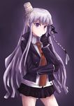  bad_id bad_pixiv_id bare_legs black_gloves braid chin_rest cup_ramen danganronpa danganronpa_1 food food_on_head gloves kamaboko kirigiri_kyouko long_hair narutomaki necktie noodles object_on_head pleated_skirt purple_eyes purple_hair side_braid single_braid skirt solo vincent_(hiyakuen) 