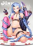  1girl alternate_breast_size ammunition ammunition_belt blue_hair blush braid elbow_gloves explosive feet fingerless_gloves gloves grenade highres jewelry jinx_(league_of_legends) league_of_legends long_hair looking_at_viewer nail_polish naughty_face no_shoes oni-noboru panties petals pink_eyes revision silver_nails single_thighhigh sitting solo striped striped_panties thigh_strap thighhighs toeless_legwear toenail_polish toes twin_braids underwear very_long_hair weapon 
