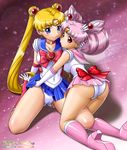  back_bow bad_id bad_pixiv_id bishoujo_senshi_sailor_moon blonde_hair blue_eyes blue_sailor_collar blue_skirt boots bow brooch cameltoe chibi_usa choker double_bun elbow_gloves full_body gloves hair_ornament hairpin heart heart_choker high_heels highres jewelry knee_boots leg_between_thighs long_hair magical_girl mother_and_daughter multiple_girls onoe panties pantyshot pink_background pink_choker pink_footwear pink_hair pink_sailor_collar pink_skirt pleated_skirt red_bow red_choker red_eyes ribbon sailor_chibi_moon sailor_collar sailor_moon sailor_senshi_uniform shiny shiny_skin short_hair skirt tiara tsukino_usagi twintails underwear watermark web_address white_gloves white_panties 