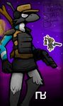  avian bird blue_jay fan_art female gun liquidrabbit ranged_weapon simple_background solo starbound tanya text video_games weapon 