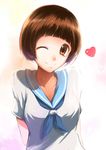  ;) bob_cut breasts brown_eyes brown_hair heart highres kill_la_kill lancefate mankanshoku_mako medium_breasts one_eye_closed school_uniform serafuku short_hair smile solo 