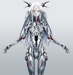  beatless bodysuit breasts character_request highres long_hair looking_at_viewer md5_mismatch red_eyes redjuice simple_background skin_tight small_breasts solo white_hair 