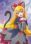  animal_ears arm_warmers black_jacket blonde_hair blue_eyes cat_ears cat_tail choker detached_sleeves dokidoki!_precure dress eyelashes fangs hair_ornament hair_ribbon happy heart highres jacket long_hair looking_at_viewer maboroshineko open_mouth precure regina_(dokidoki!_precure) ribbon smile solo tail 