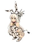  :3 animal_ears animal_print bad_id bad_pixiv_id bare_shoulders bell black_eyes blonde_hair blurry blush cow_bell cow_ears cow_print cow_tail depth_of_field elbow_gloves gloves hair_bell hair_ornament hairband highleg highleg_panties kantai_collection long_hair looking_at_viewer onsen_nakaya panties rensouhou-chan shimakaze_(kantai_collection) simple_background skirt solo squatting tail thighhighs underwear white_background zettai_ryouiki 
