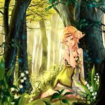  barefoot blonde_hair dress duzie_e elf flower grass long_hair nature orange_eyes pointy_ears sitting solo tree 