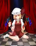  bad_id bad_pixiv_id blush bow checkered checkered_floor flandre_scarlet hat hat_bow hati105 highres red_eyes side_ponytail sitting solo touhou wariza wings 