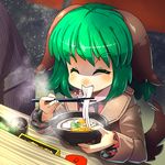  animal_ears bowl brown_dress chopsticks closed_eyes dress eating food green_hair kasodani_kyouko long_sleeves noodles sitting solo tail tail_wagging touhou udon umigarasu_(kitsune1963) 